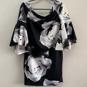 Venus Black & White Floral Bell-Sleeve Off-Shoulder Sheath Dress Medium NWT